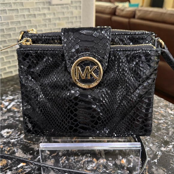 Michael Kors Black Snakeskin Clutch with Gold Accents - Picture 1 of 6
